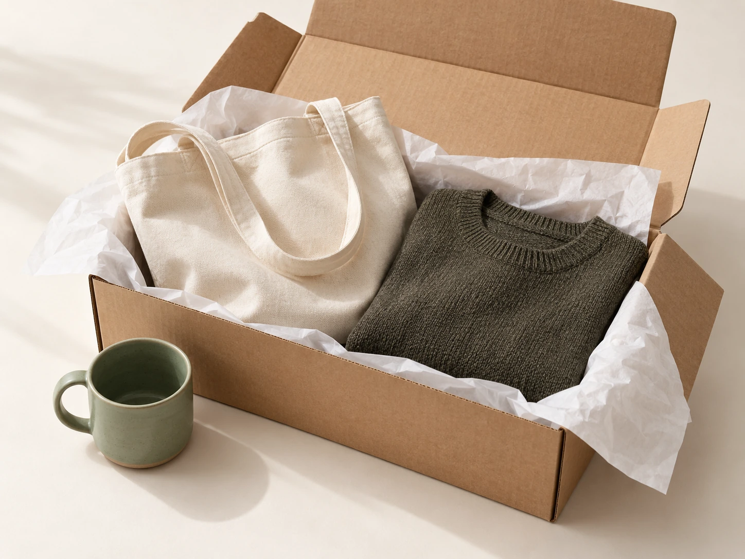 服务示意:帆布包、陶瓷杯与针织衫汇集在寄送纸箱旁